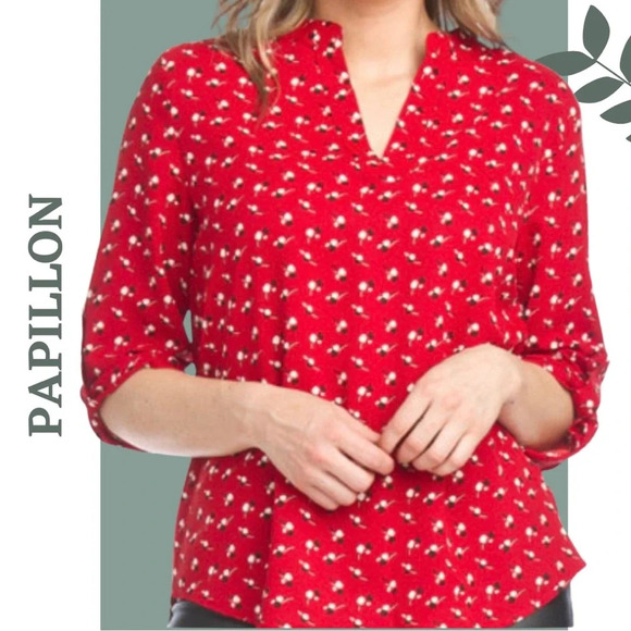 Papillon  Red Blouse Spit V Neck Top Red Black White - Picture 1 of 7